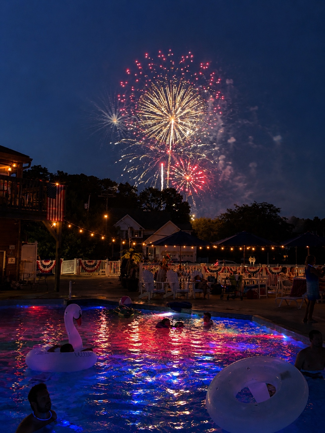 Community pool and fireworks at night