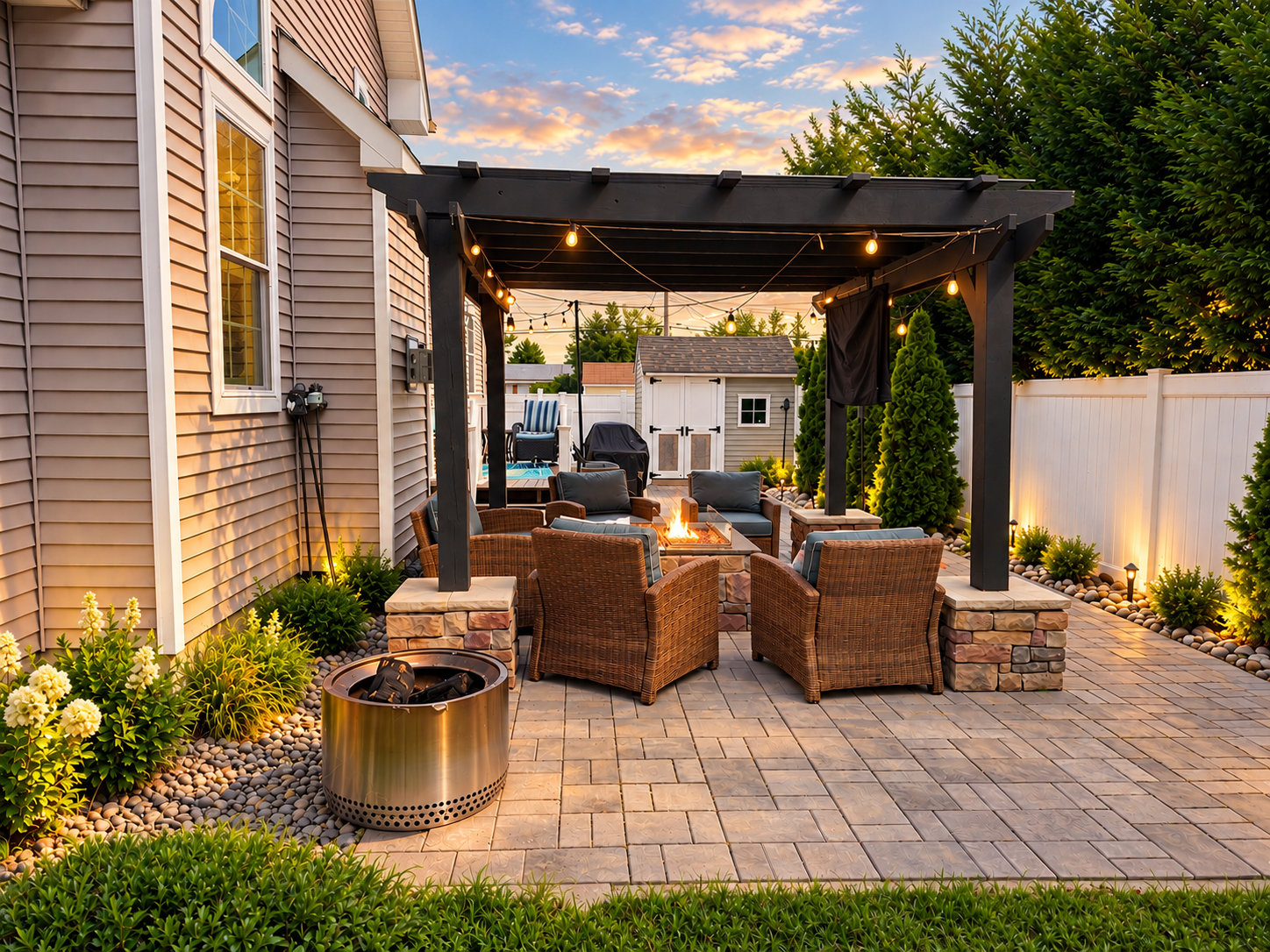 Backyard pergola and patio with fire feature