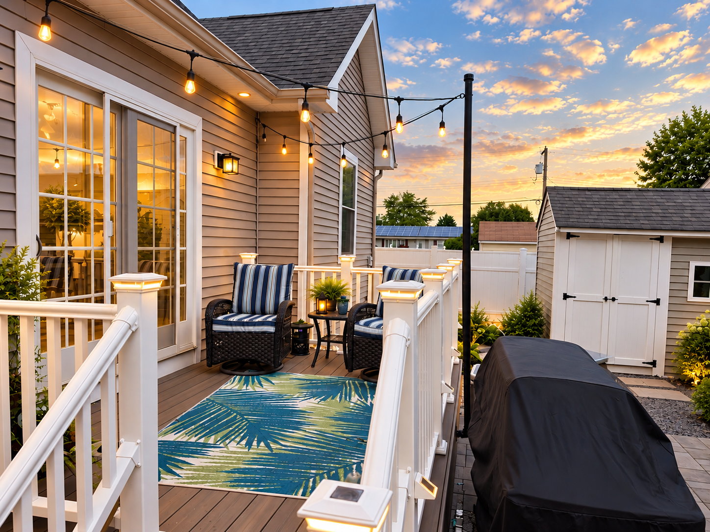Elevated deck overlooking the backyard patio